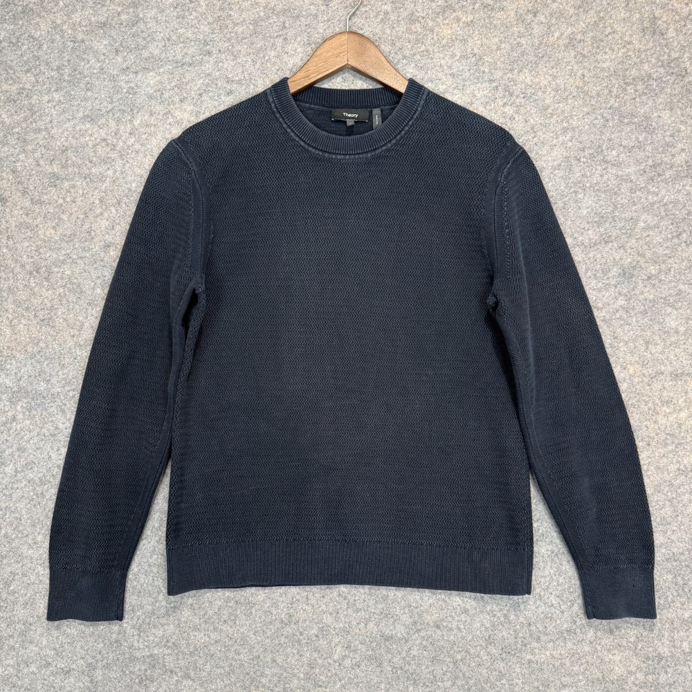 Theory Sweater Mens‎ Small Chevron Stitch Navy Blue Knit Cotton Crewneck